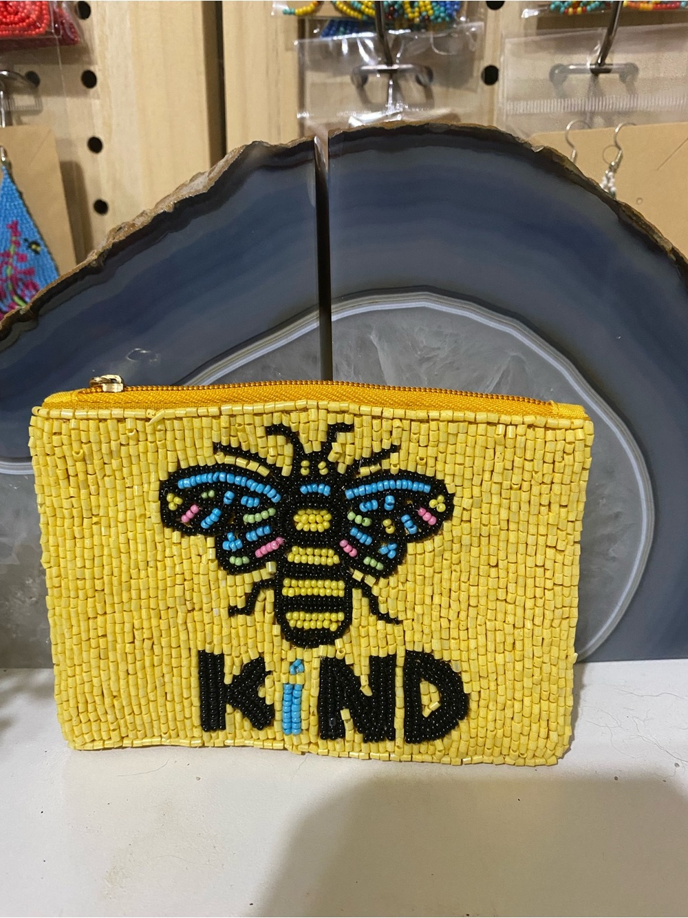 Yellow Beaded Bee Coin Purse with 'KIND' Accent